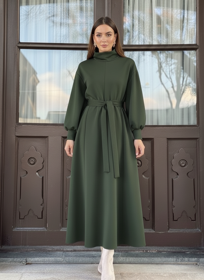 Women’s Belted High-Neck Long Winter Dress