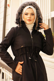 Tunnel Belt Veiling Coat with Staples on the Sleeves Turkey Muslim Fashion Islam Clothing Dubai MUH-512