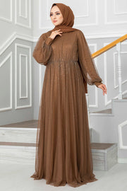Stone Detailed Tulle Islamic Evening Dress Turkey Muslim Fashion Islam Clothing Dubai Istanbul Woman New Sleeves MUH-482