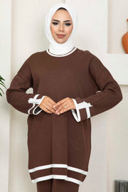 Stripe Detailed Knitwear Hijab Set Turkey Muslim Fashion Dress Islam Clothing MUH-517