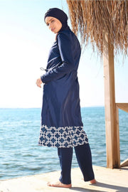 Navy Blue Women Geometric Patterned Hijab Swimsuit MUH-453