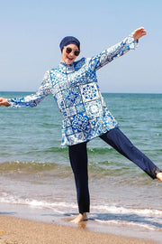 Navy Blue Tile Pattern Design Fully Covered Hijab Swimsuit Modest Long Sleeves Sport 2pcs Islamic Burkinis Wear Bathing Suit MUH-452