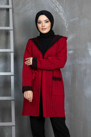 Parallel Patterned Hooded Knitwear Hijab Cardigan Jacket Turkey Muslim Fashion Islam Clothing Dubai Istanbulstyles Winter MUH-497