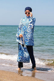 Navy Blue Tile Pattern Design Fully Covered Hijab Swimsuit Modest Long Sleeves Sport 2pcs Islamic Burkinis Wear Bathing Suit MUH-452