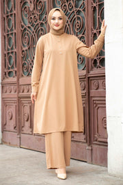 Front Button Detailed Comfortable Hijab Suit Tunic with Pants MUH-311