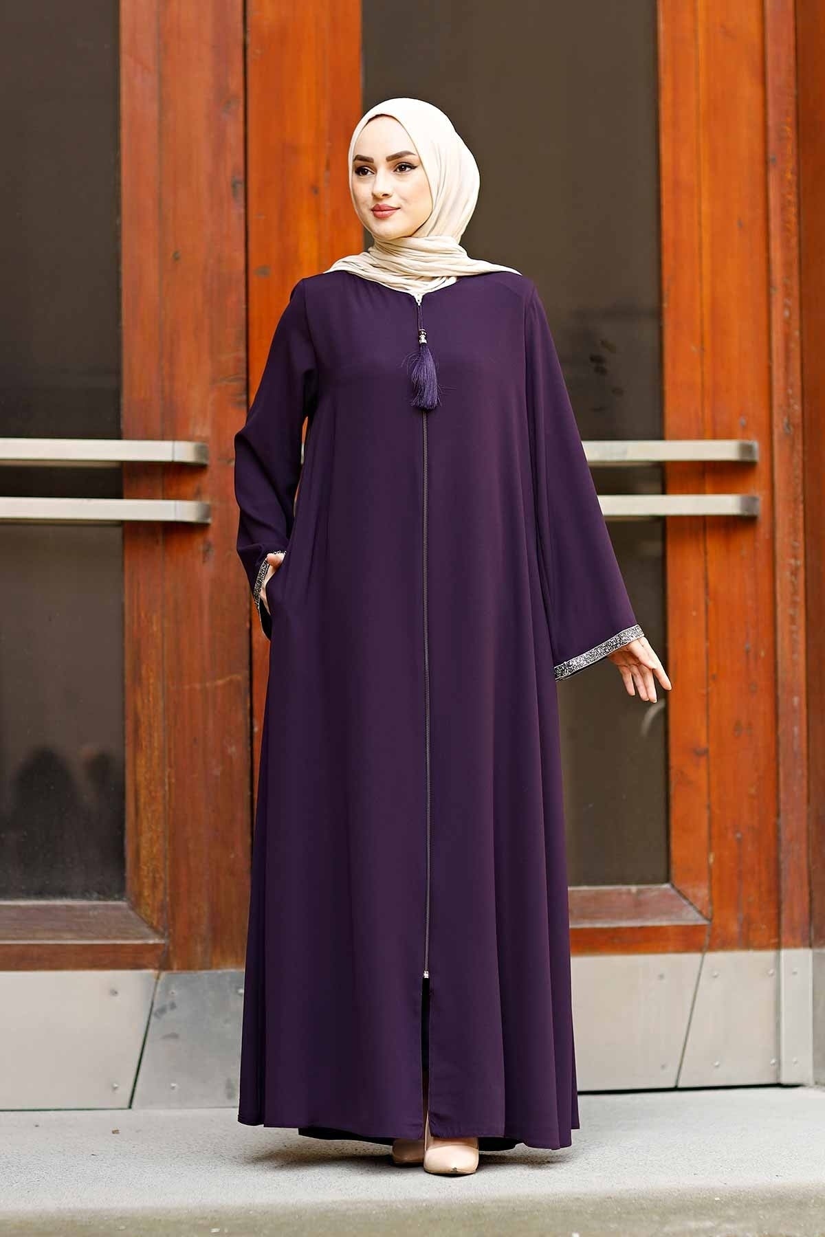 Front Zippered Arms Stone Abaya Dress MUH-130