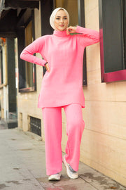 Button Detailed Veiling Knitwear Set Tunic with Pants MUH-316