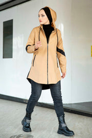 Double Color Hooded Hijab Cap Trench Coat MUH-256