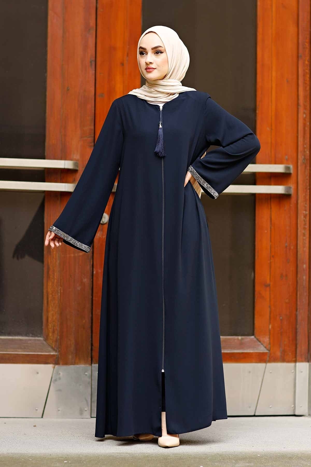 Front Zippered Arms Stone Abaya Dress MUH-130