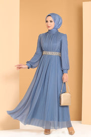 Pearly Belt Glittery Tulle Evening Dress Turkey Muslim Fashion Islam Dubai Istanbulstyles Ramadan Women MUH-417