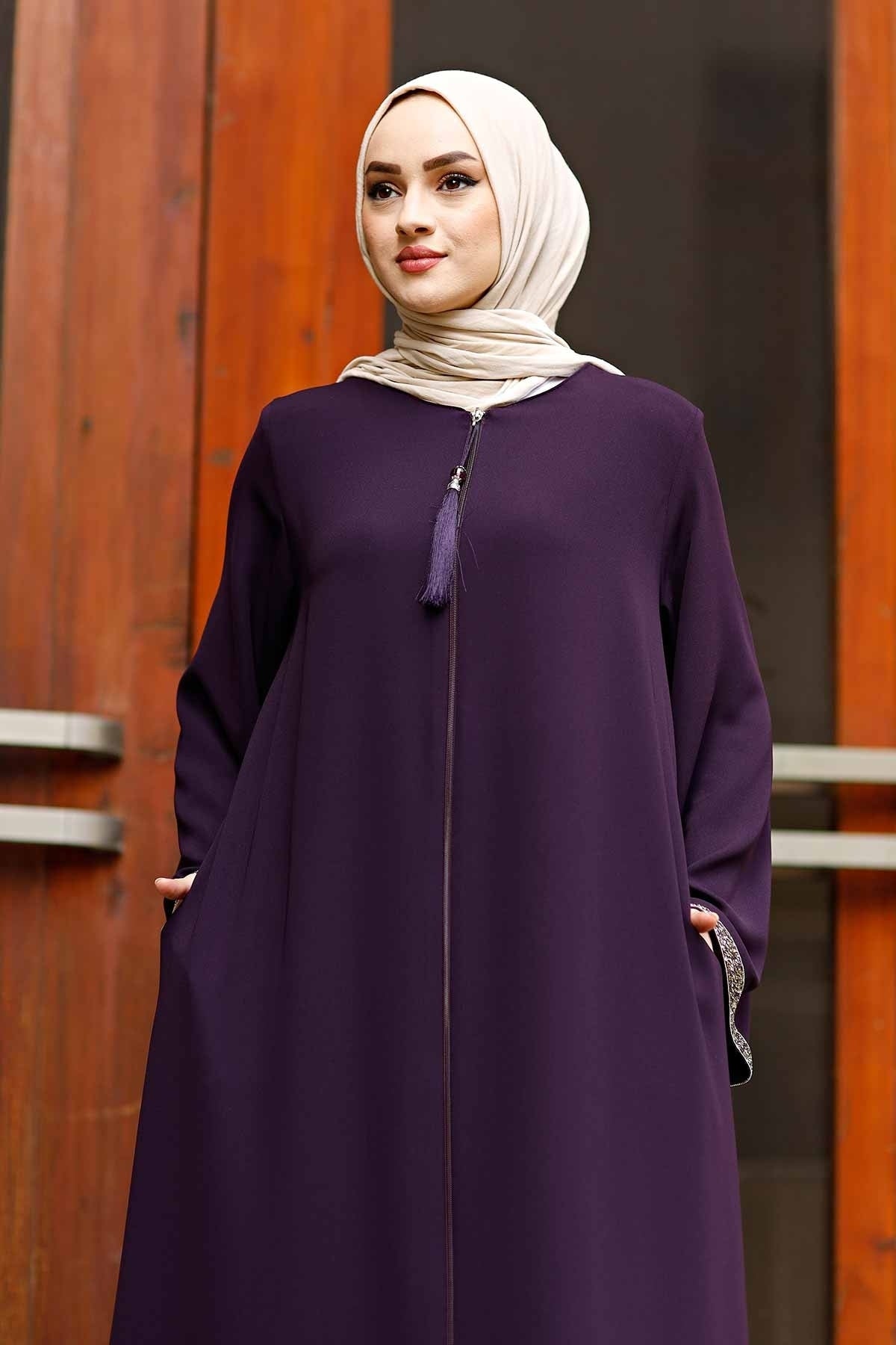 Front Zippered Arms Stone Abaya Dress MUH-130