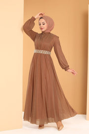 Pearly Belt Glittery Tulle Evening Dress Turkey Muslim Fashion Islam Dubai Istanbulstyles Ramadan Women MUH-417